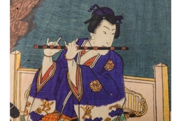 真作　歌川豊国　「見立源氏琴碁書画之内」　合奏の様子が描かれた木版画の浮世絵　3枚続　(R-087309)