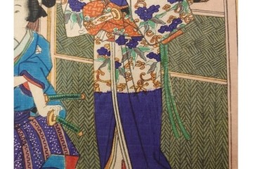 真作　歌川豊国　「見立源氏琴碁書画之内」　合奏の様子が描かれた木版画の浮世絵　3枚続　(R-087309)