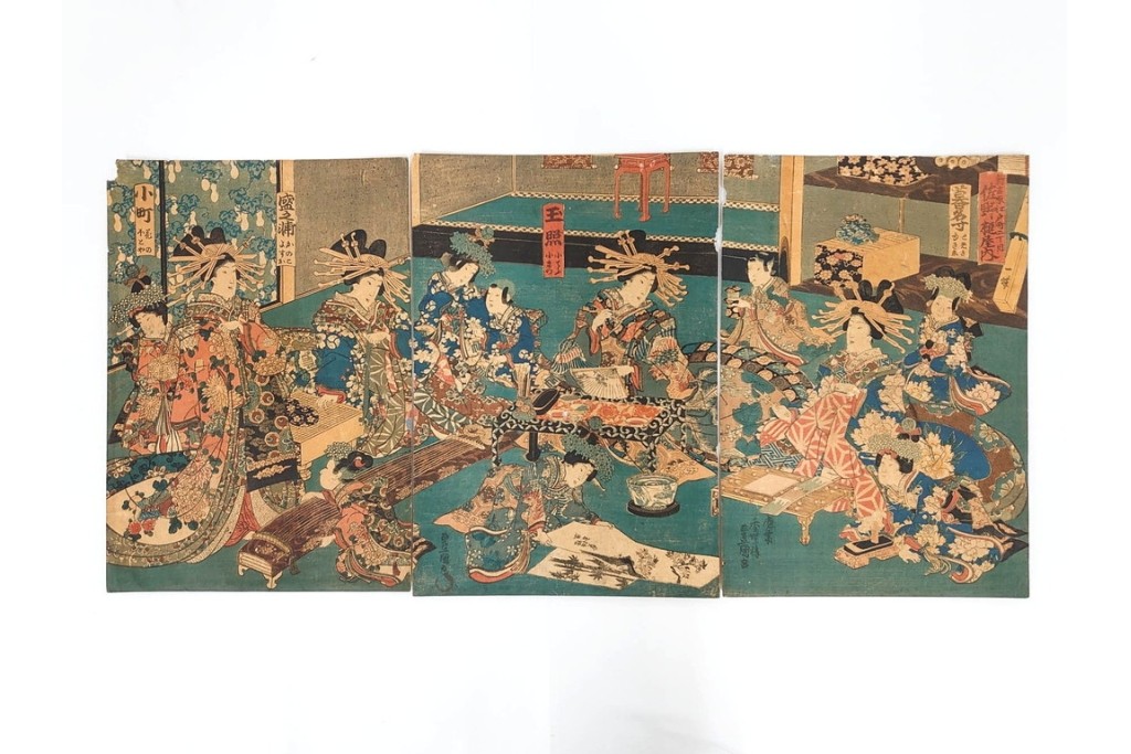 真作　三代 歌川豊国(香蝶楼)　「新吉原江戸町二丁目佐野槌屋内」　花魁を描いた木版画の浮世絵　3枚続　(R-087310)