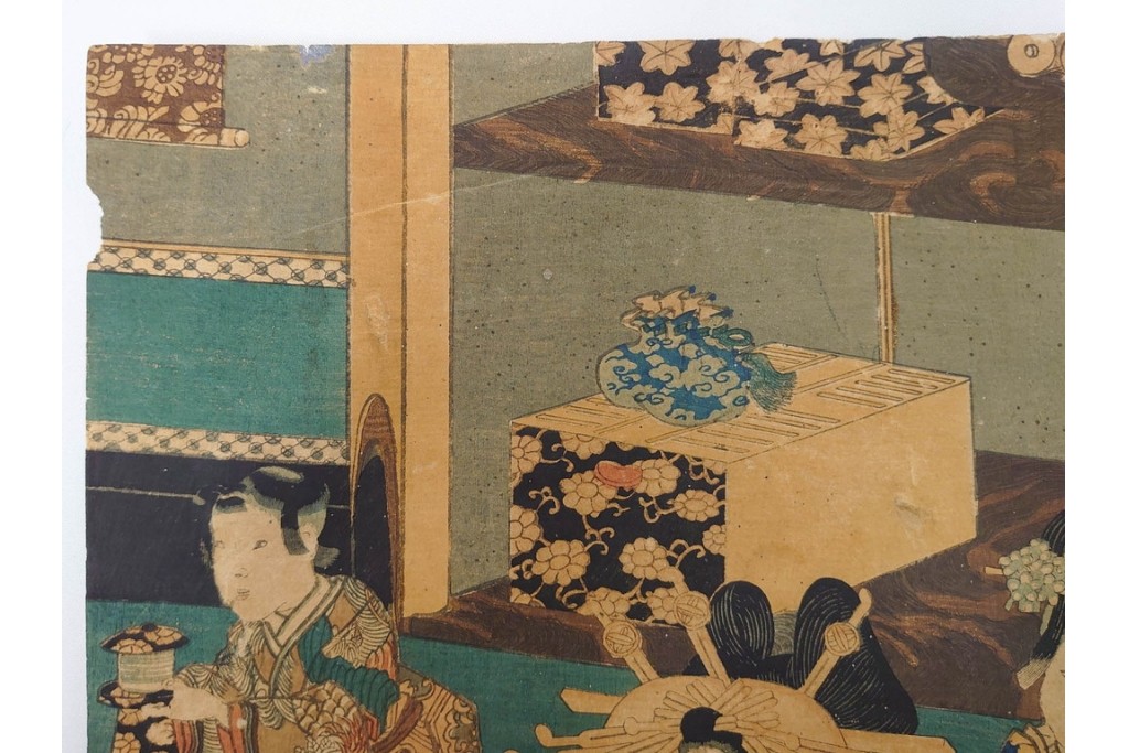 真作　三代 歌川豊国(香蝶楼)　「新吉原江戸町二丁目佐野槌屋内」　花魁を描いた木版画の浮世絵　3枚続　(R-087310)