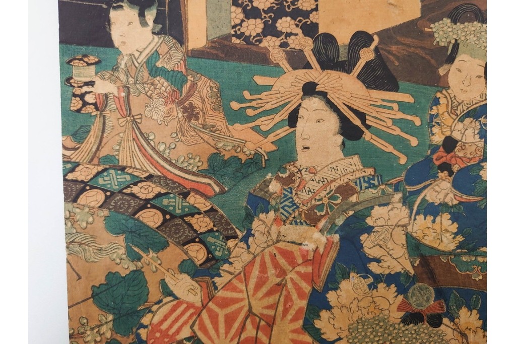 真作　三代 歌川豊国(香蝶楼)　「新吉原江戸町二丁目佐野槌屋内」　花魁を描いた木版画の浮世絵　3枚続　(R-087310)