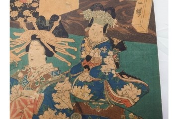 真作　三代 歌川豊国(香蝶楼)　「新吉原江戸町二丁目佐野槌屋内」　花魁を描いた木版画の浮世絵　3枚続　(R-087310)