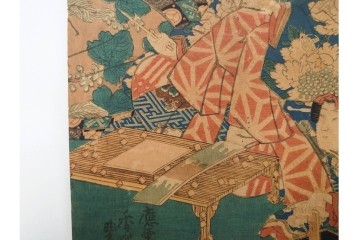 真作　三代 歌川豊国(香蝶楼)　「新吉原江戸町二丁目佐野槌屋内」　花魁を描いた木版画の浮世絵　3枚続　(R-087310)