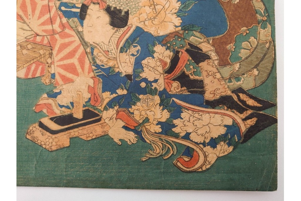 真作　三代 歌川豊国(香蝶楼)　「新吉原江戸町二丁目佐野槌屋内」　花魁を描いた木版画の浮世絵　3枚続　(R-087310)