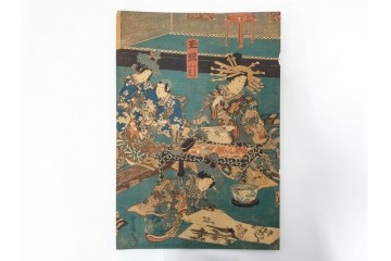 真作　三代 歌川豊国(香蝶楼)　「新吉原江戸町二丁目佐野槌屋内」　花魁を描いた木版画の浮世絵　3枚続　(R-087310)