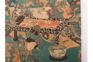真作　三代 歌川豊国(香蝶楼)　「新吉原江戸町二丁目佐野槌屋内」　花魁を描いた木版画の浮世絵　3枚続　(R-087310)