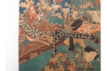 真作　三代 歌川豊国(香蝶楼)　「新吉原江戸町二丁目佐野槌屋内」　花魁を描いた木版画の浮世絵　3枚続　(R-087310)