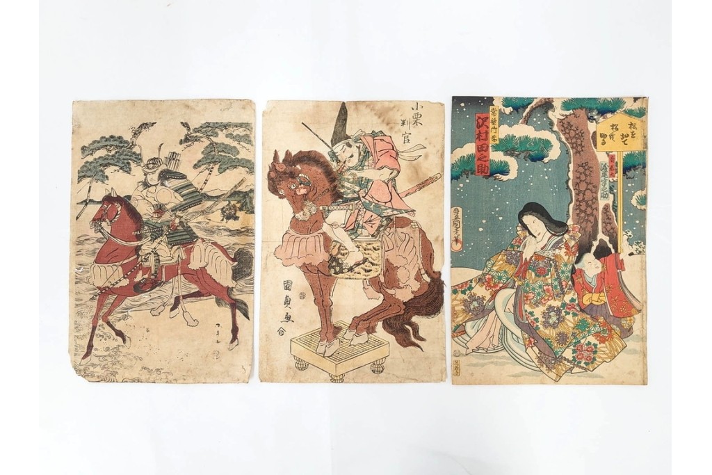 真作　歌川国貞・豊国他　小栗判官・武者絵・美人画　木版画の浮世絵3枚セット　(R-087311)