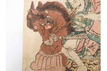 真作　歌川国貞・豊国他　小栗判官・武者絵・美人画　木版画の浮世絵3枚セット　(R-087311)