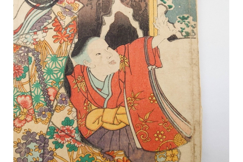 真作　歌川国貞・豊国他　小栗判官・武者絵・美人画　木版画の浮世絵3枚セット　(R-087311)