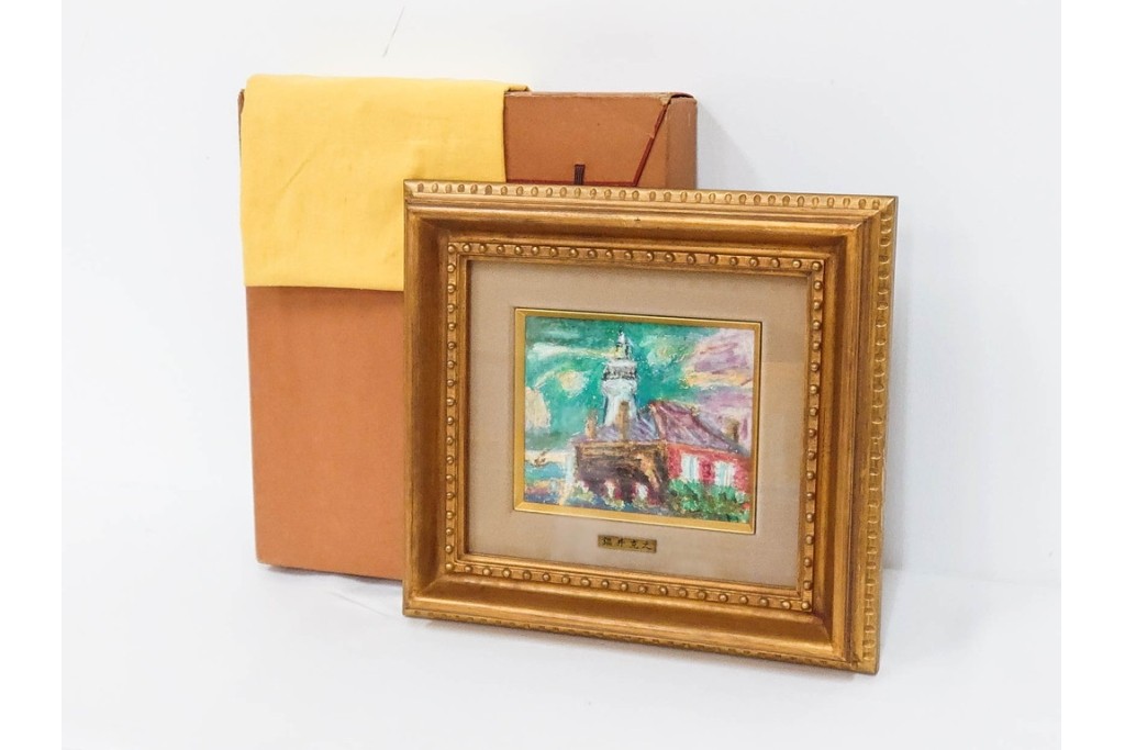 真作　鍋井克之　パステル画　「潮岬の灯台」　海辺の灯台を描いた絵画　外箱付き　(R-087312)