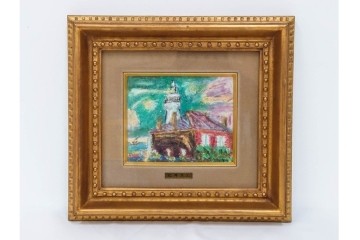 真作　鍋井克之　パステル画　「潮岬の灯台」　海辺の灯台を描いた絵画　外箱付き　(R-087312)