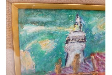 真作　鍋井克之　パステル画　「潮岬の灯台」　海辺の灯台を描いた絵画　外箱付き　(R-087312)