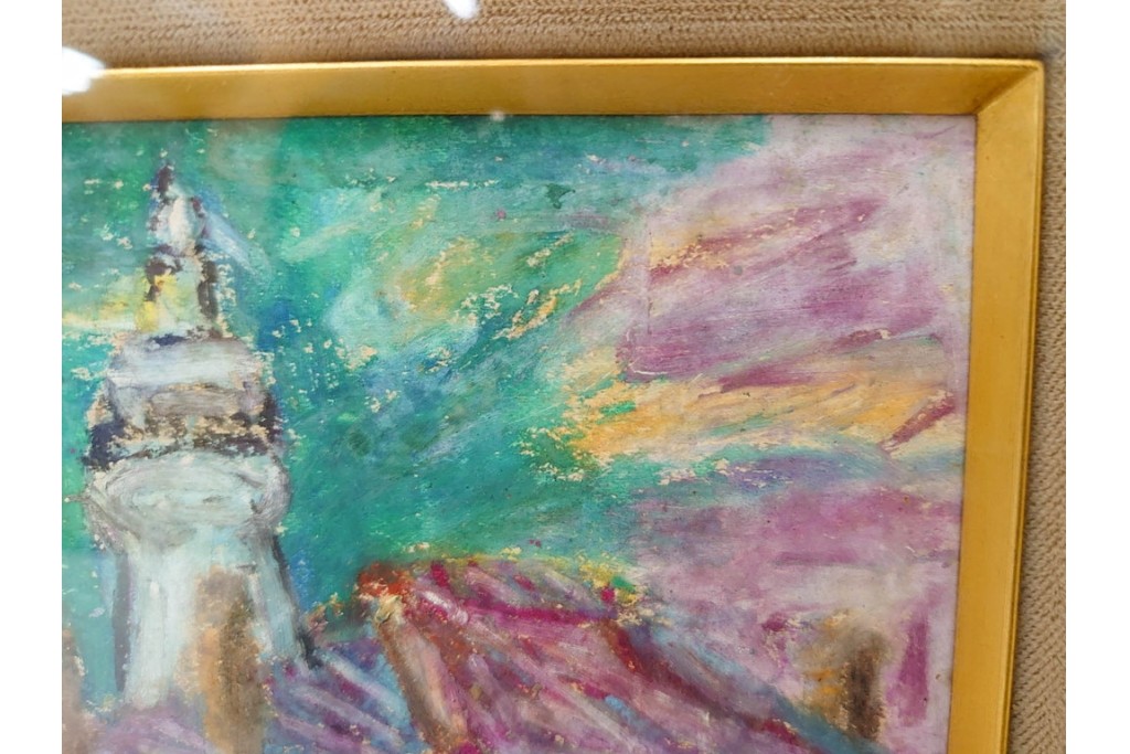 真作　鍋井克之　パステル画　「潮岬の灯台」　海辺の灯台を描いた絵画　外箱付き　(R-087312)