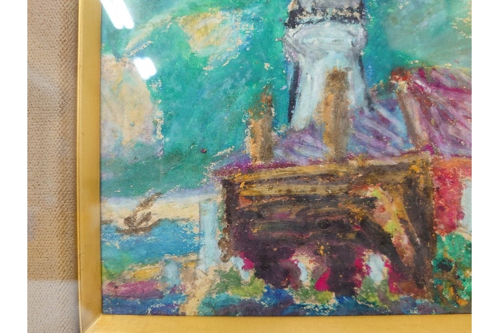 真作　鍋井克之　パステル画　「潮岬の灯台」　海辺の灯台を描いた絵画　外箱付き　(R-087312)