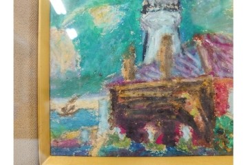 真作　鍋井克之　パステル画　「潮岬の灯台」　海辺の灯台を描いた絵画　外箱付き　(R-087312)