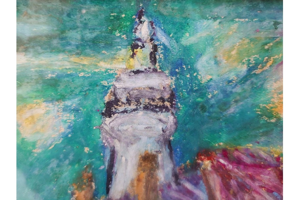 真作　鍋井克之　パステル画　「潮岬の灯台」　海辺の灯台を描いた絵画　外箱付き　(R-087312)