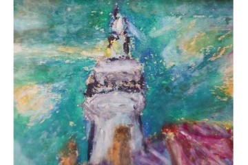 真作　鍋井克之　パステル画　「潮岬の灯台」　海辺の灯台を描いた絵画　外箱付き　(R-087312)