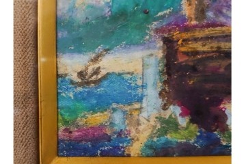 真作　鍋井克之　パステル画　「潮岬の灯台」　海辺の灯台を描いた絵画　外箱付き　(R-087312)