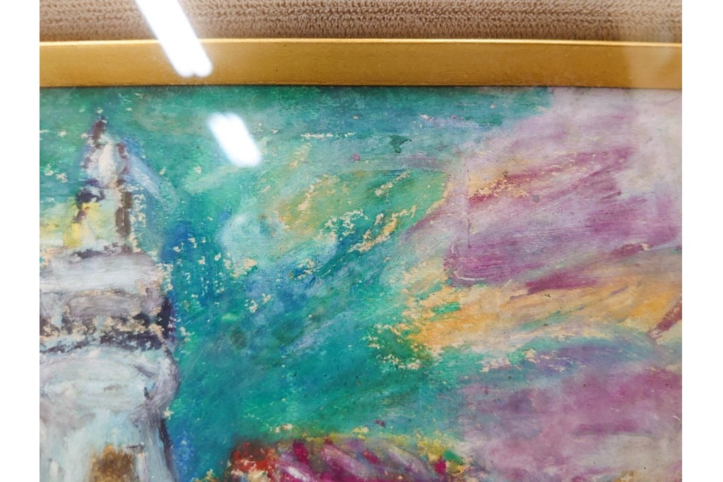 真作　鍋井克之　パステル画　「潮岬の灯台」　海辺の灯台を描いた絵画　外箱付き　(R-087312)