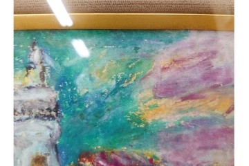 真作　鍋井克之　パステル画　「潮岬の灯台」　海辺の灯台を描いた絵画　外箱付き　(R-087312)