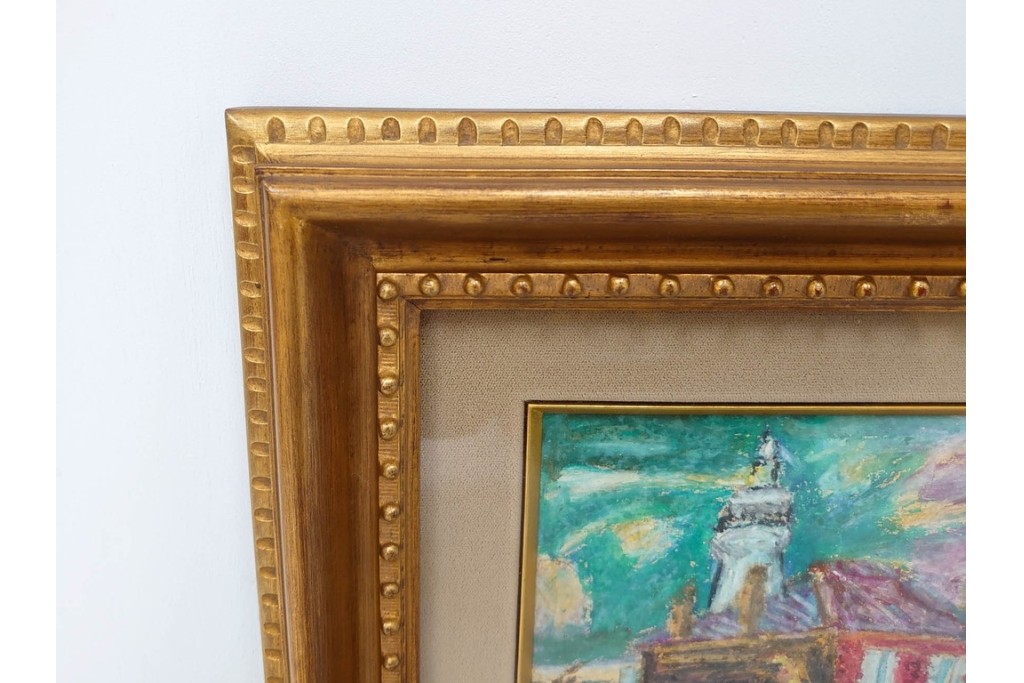 真作　鍋井克之　パステル画　「潮岬の灯台」　海辺の灯台を描いた絵画　外箱付き　(R-087312)