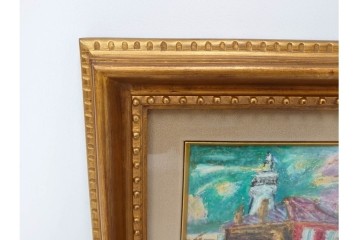 真作　鍋井克之　パステル画　「潮岬の灯台」　海辺の灯台を描いた絵画　外箱付き　(R-087312)