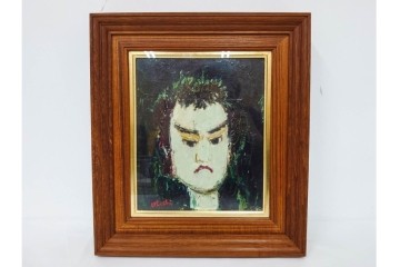 真作　大歳敏秋　油彩　忠臣蔵?　凛とした表情が印象的な絵画　外箱付き　(R-087313)