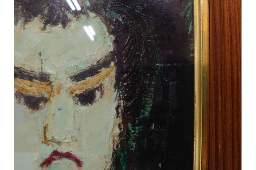 真作　大歳敏秋　油彩　忠臣蔵?　凛とした表情が印象的な絵画　外箱付き　(R-087313)