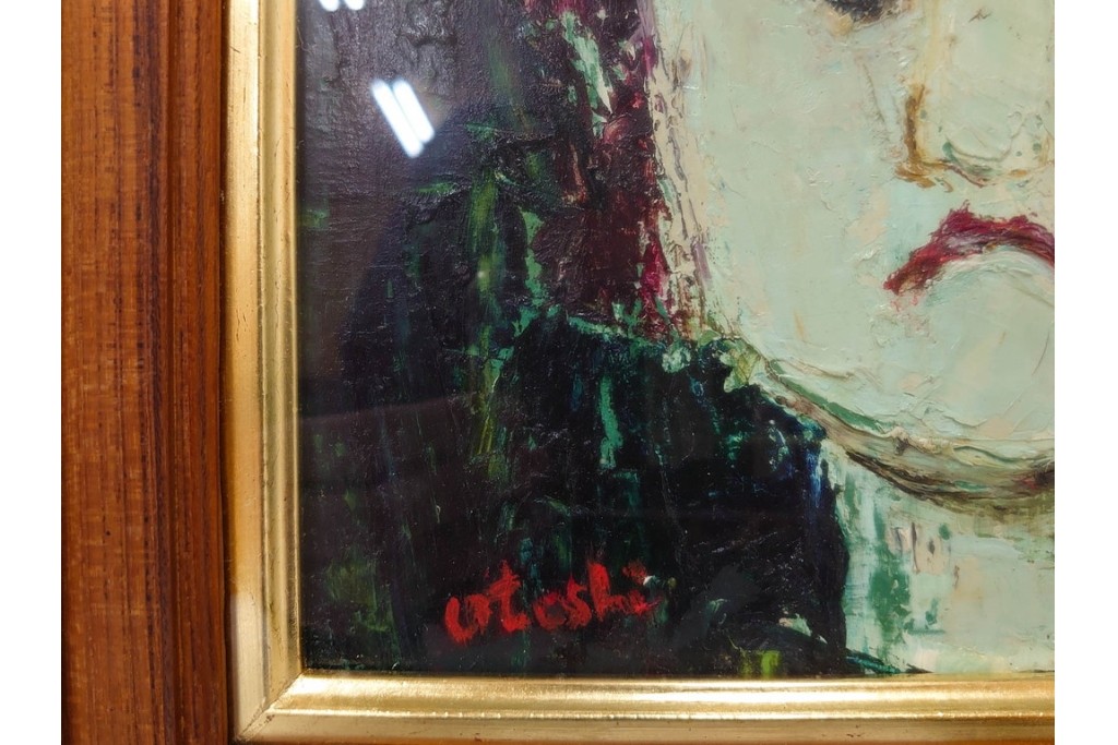 真作　大歳敏秋　油彩　忠臣蔵?　凛とした表情が印象的な絵画　外箱付き　(R-087313)