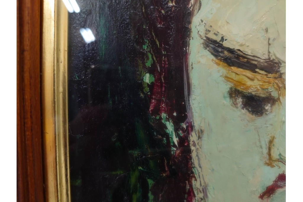 真作　大歳敏秋　油彩　忠臣蔵?　凛とした表情が印象的な絵画　外箱付き　(R-087313)