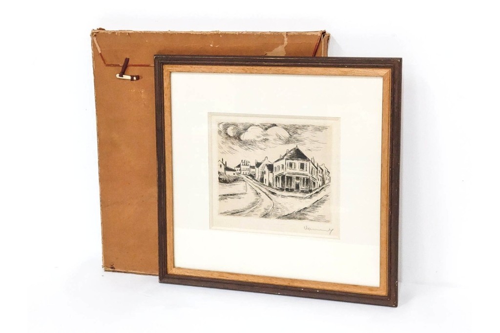 真作　サイン入り　モーリス・ド・ヴラマンク　エッチング　「風景」　街並みを描いた絵画　外箱付き　(R-087314)