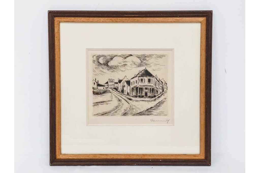 真作　サイン入り　モーリス・ド・ヴラマンク　エッチング　「風景」　街並みを描いた絵画　外箱付き　(R-087314)
