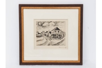 真作　サイン入り　モーリス・ド・ヴラマンク　エッチング　「風景」　街並みを描いた絵画　外箱付き　(R-087314)