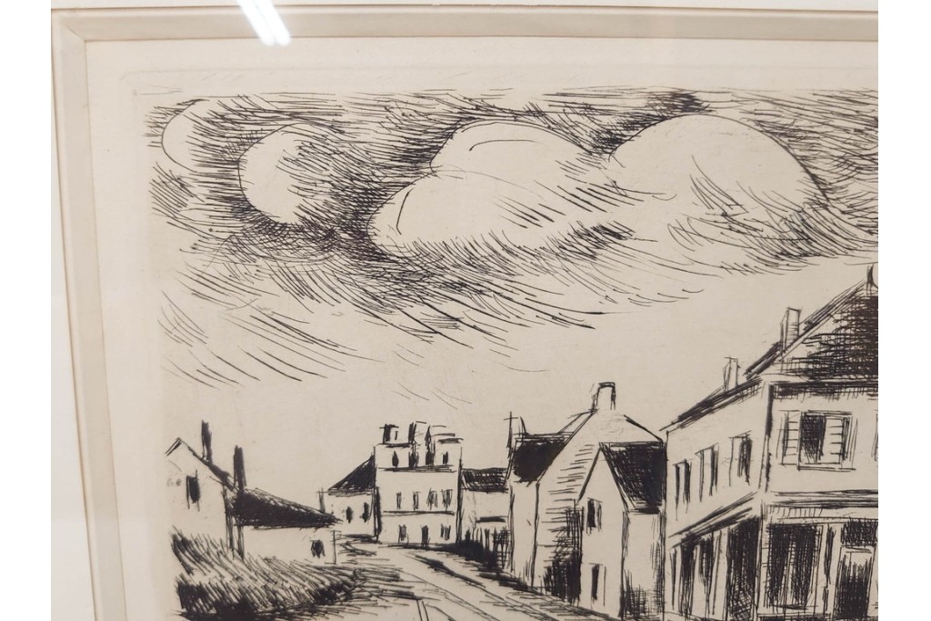 真作　サイン入り　モーリス・ド・ヴラマンク　エッチング　「風景」　街並みを描いた絵画　外箱付き　(R-087314)