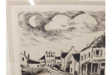 真作　サイン入り　モーリス・ド・ヴラマンク　エッチング　「風景」　街並みを描いた絵画　外箱付き　(R-087314)