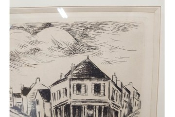 真作　サイン入り　モーリス・ド・ヴラマンク　エッチング　「風景」　街並みを描いた絵画　外箱付き　(R-087314)