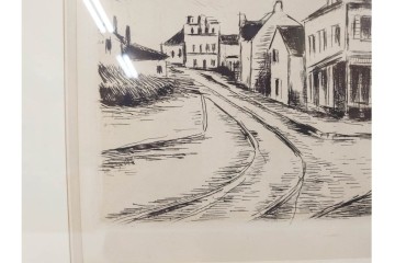 真作　サイン入り　モーリス・ド・ヴラマンク　エッチング　「風景」　街並みを描いた絵画　外箱付き　(R-087314)