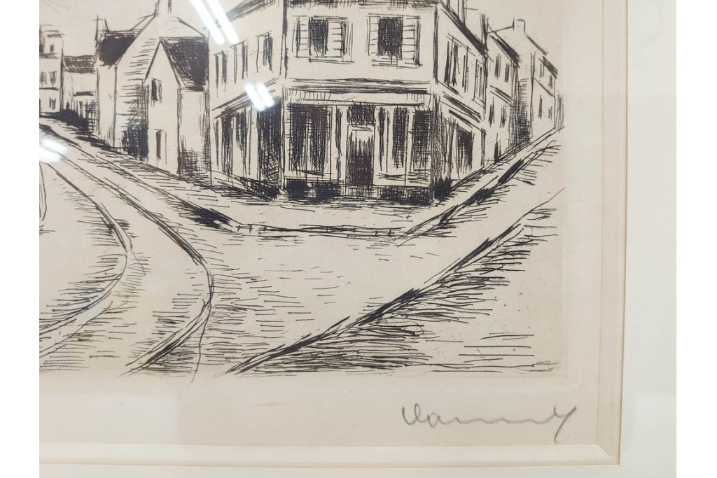 真作　サイン入り　モーリス・ド・ヴラマンク　エッチング　「風景」　街並みを描いた絵画　外箱付き　(R-087314)