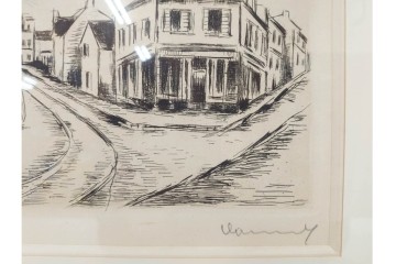 真作　サイン入り　モーリス・ド・ヴラマンク　エッチング　「風景」　街並みを描いた絵画　外箱付き　(R-087314)