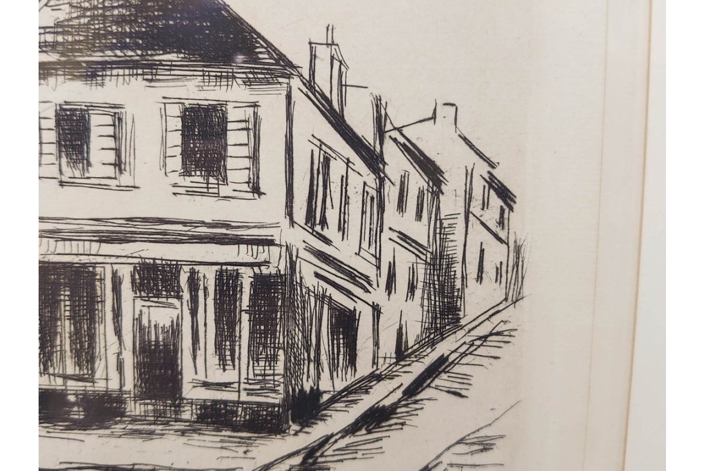 真作　サイン入り　モーリス・ド・ヴラマンク　エッチング　「風景」　街並みを描いた絵画　外箱付き　(R-087314)