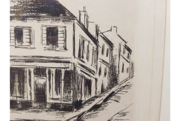 真作　サイン入り　モーリス・ド・ヴラマンク　エッチング　「風景」　街並みを描いた絵画　外箱付き　(R-087314)