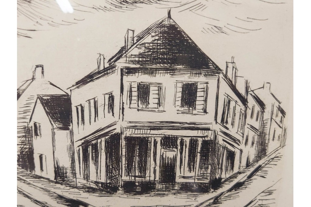 真作　サイン入り　モーリス・ド・ヴラマンク　エッチング　「風景」　街並みを描いた絵画　外箱付き　(R-087314)