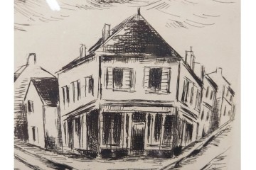 真作　サイン入り　モーリス・ド・ヴラマンク　エッチング　「風景」　街並みを描いた絵画　外箱付き　(R-087314)