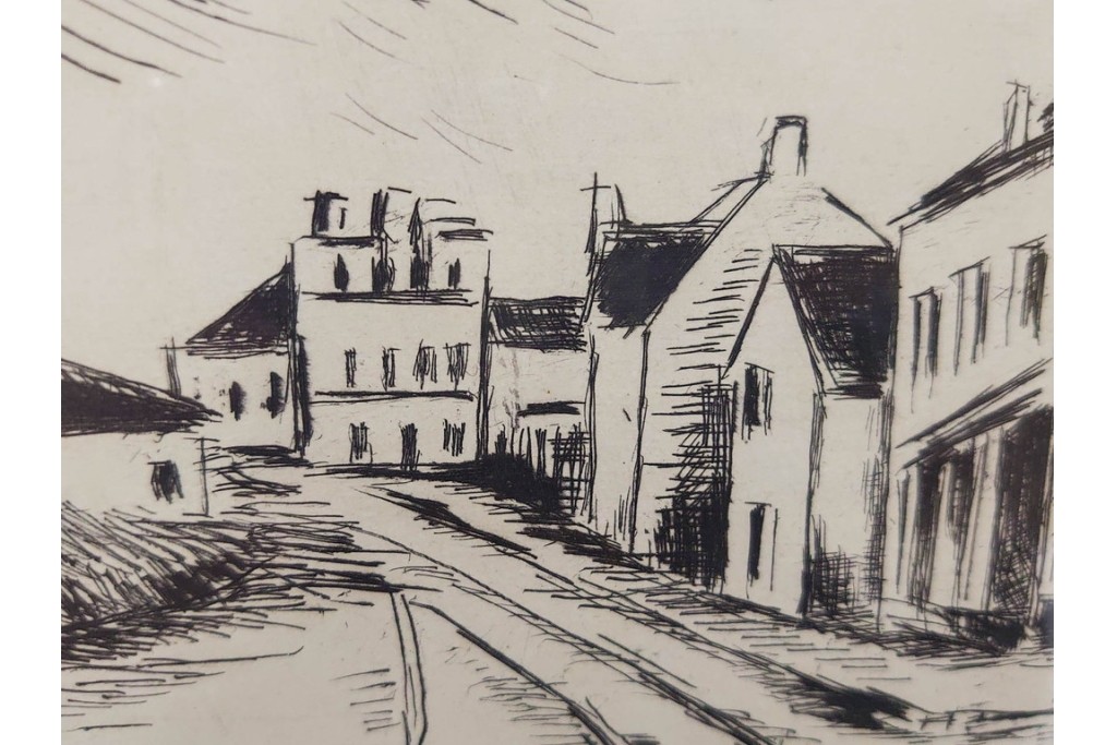 真作　サイン入り　モーリス・ド・ヴラマンク　エッチング　「風景」　街並みを描いた絵画　外箱付き　(R-087314)