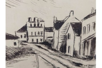 真作　サイン入り　モーリス・ド・ヴラマンク　エッチング　「風景」　街並みを描いた絵画　外箱付き　(R-087314)