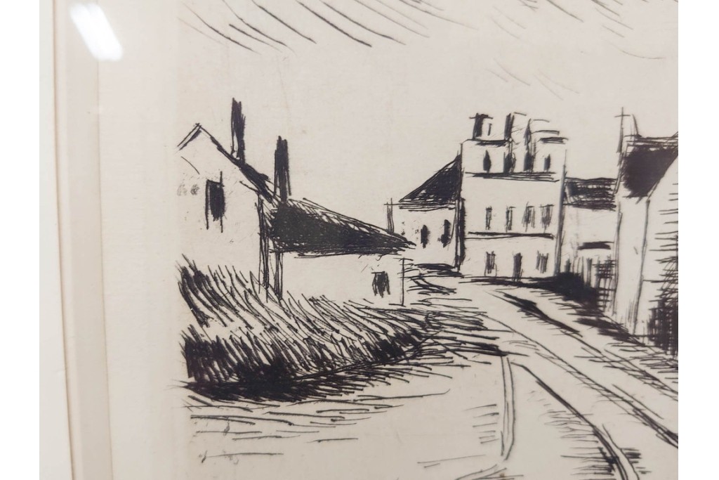 真作　サイン入り　モーリス・ド・ヴラマンク　エッチング　「風景」　街並みを描いた絵画　外箱付き　(R-087314)