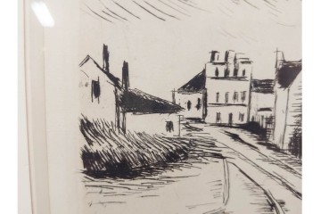 真作　サイン入り　モーリス・ド・ヴラマンク　エッチング　「風景」　街並みを描いた絵画　外箱付き　(R-087314)