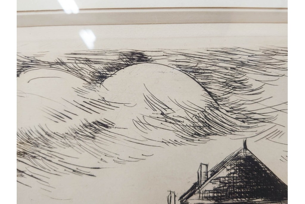 真作　サイン入り　モーリス・ド・ヴラマンク　エッチング　「風景」　街並みを描いた絵画　外箱付き　(R-087314)