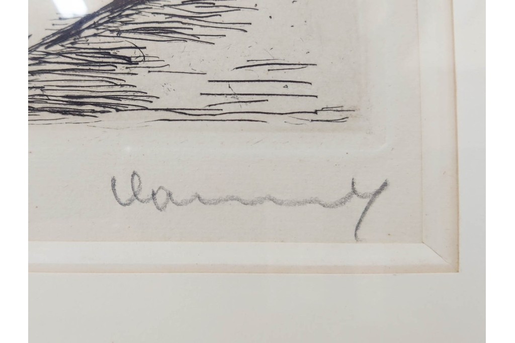 真作　サイン入り　モーリス・ド・ヴラマンク　エッチング　「風景」　街並みを描いた絵画　外箱付き　(R-087314)